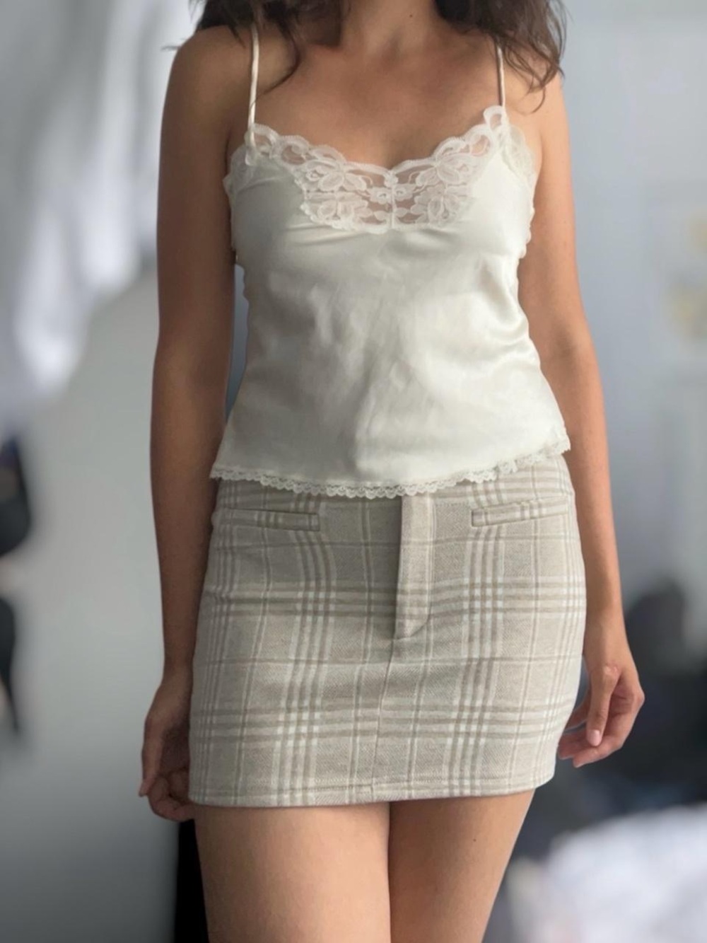 Plaid Mini Skirt in Beige